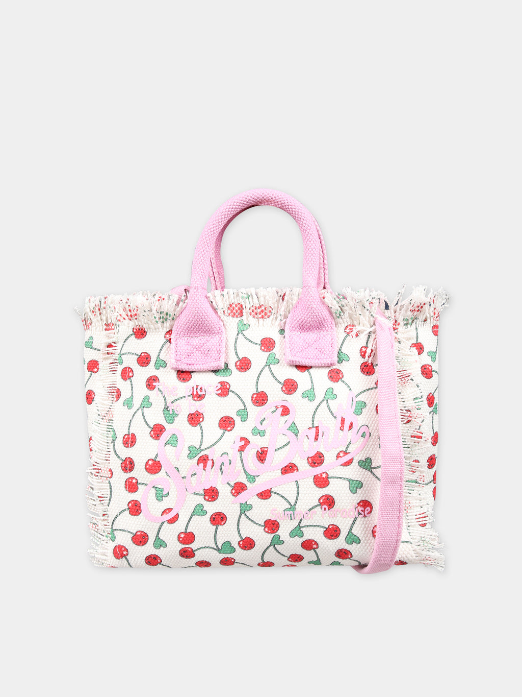 White bag for girl with cherry print and logo